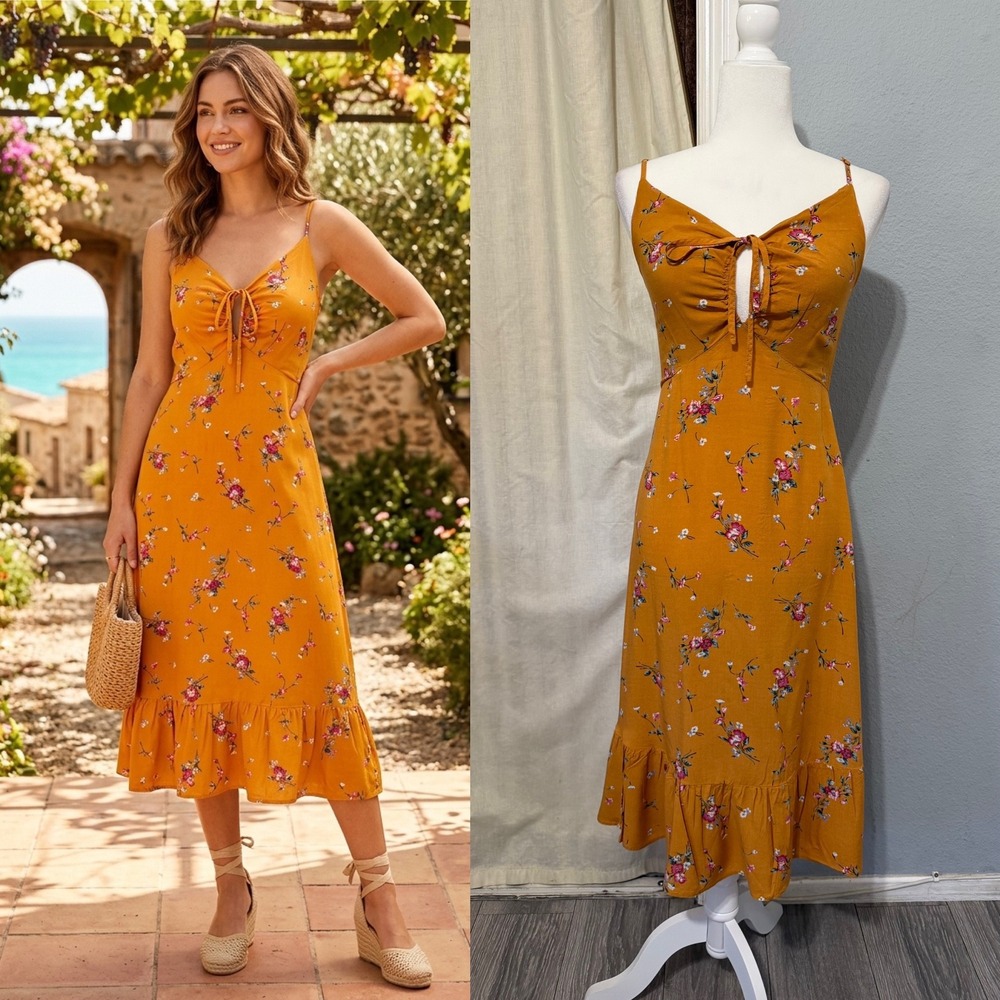 re:named Mustard Yellow Midi Dress Size M Floral Ruffle Sweetheart Keyhole Tie